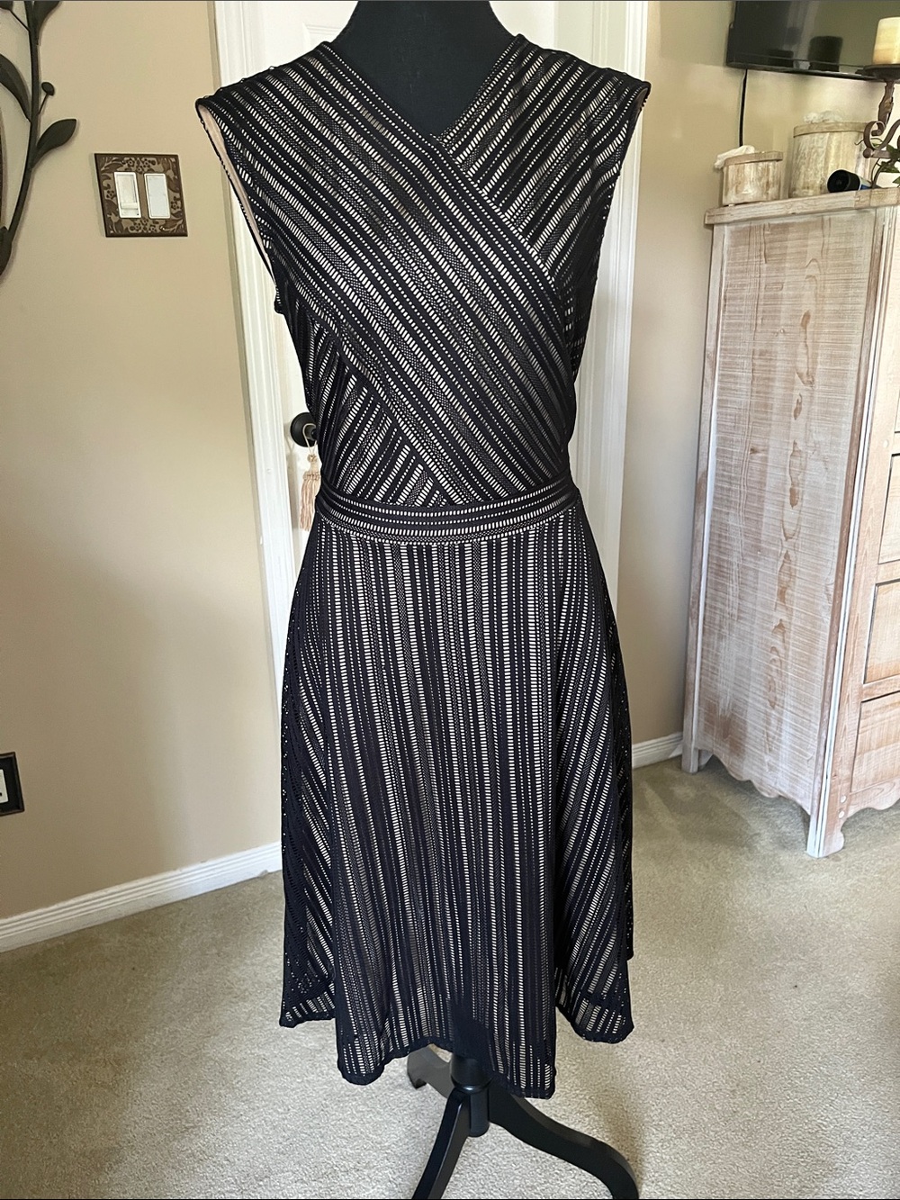 Sleeveless Black Knit Overlay A-Line Dress